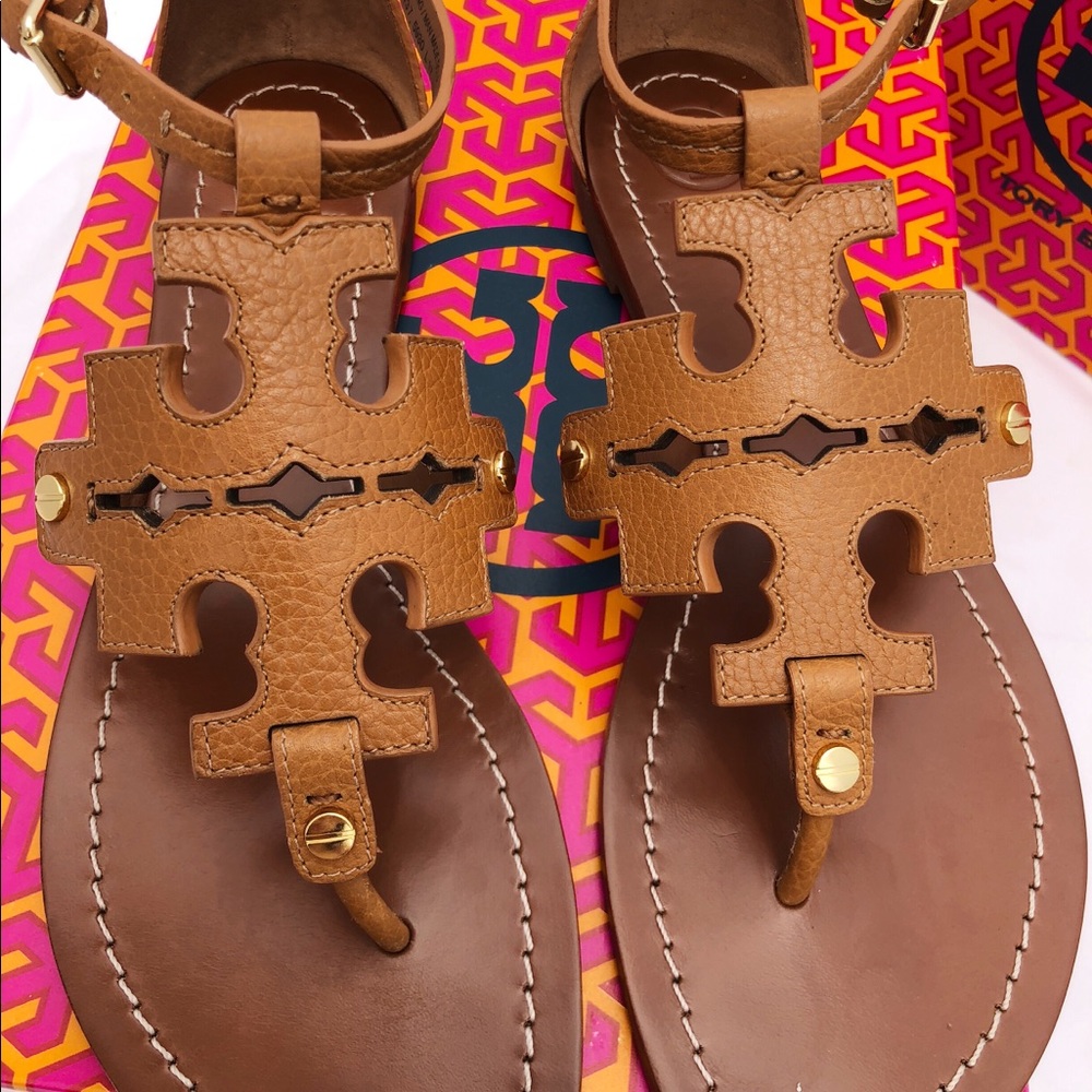 Tory Burch Phoebe Flat Thong Sandals Tan Logo - Picture 6 of 8